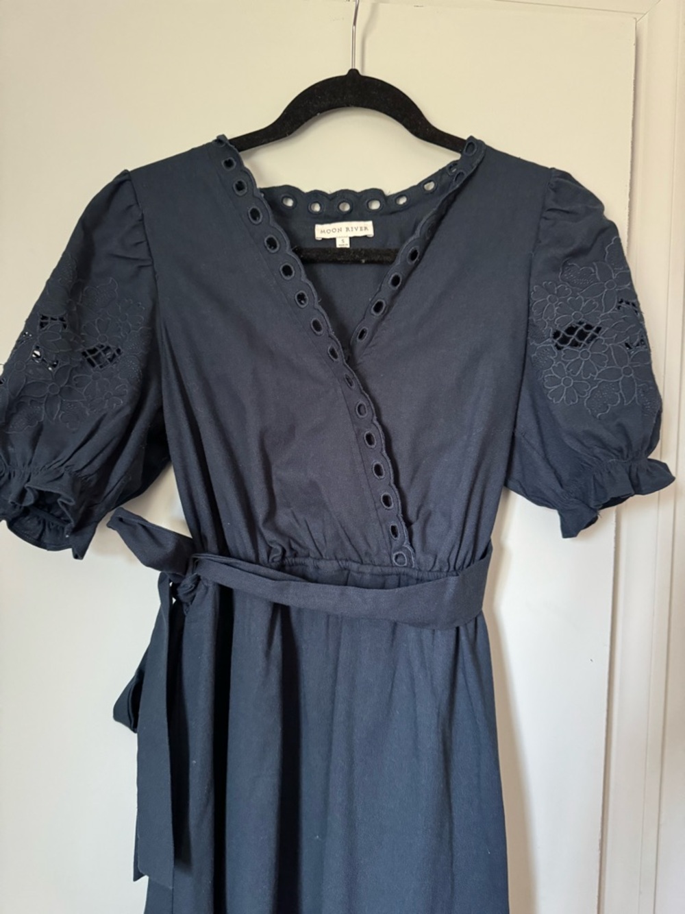 Moon River Navy Eyelet Wrap Maxi Dress with Puff Sleeves